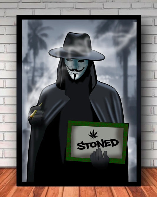 24x36 inch framed canvas artwork of stoned anonymous figure holding a sign – cannabis-inspired design by GrizzlySlapz