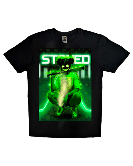 Stoned Woman with Leaf Mask Neon Design T-Shirt – By GrizzlySlapz (Black or White)