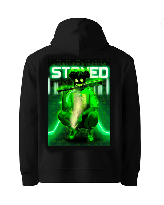 Stoned Woman with Leaf Mask Neon Hoodie – By GrizzlySlapz (Black or White)