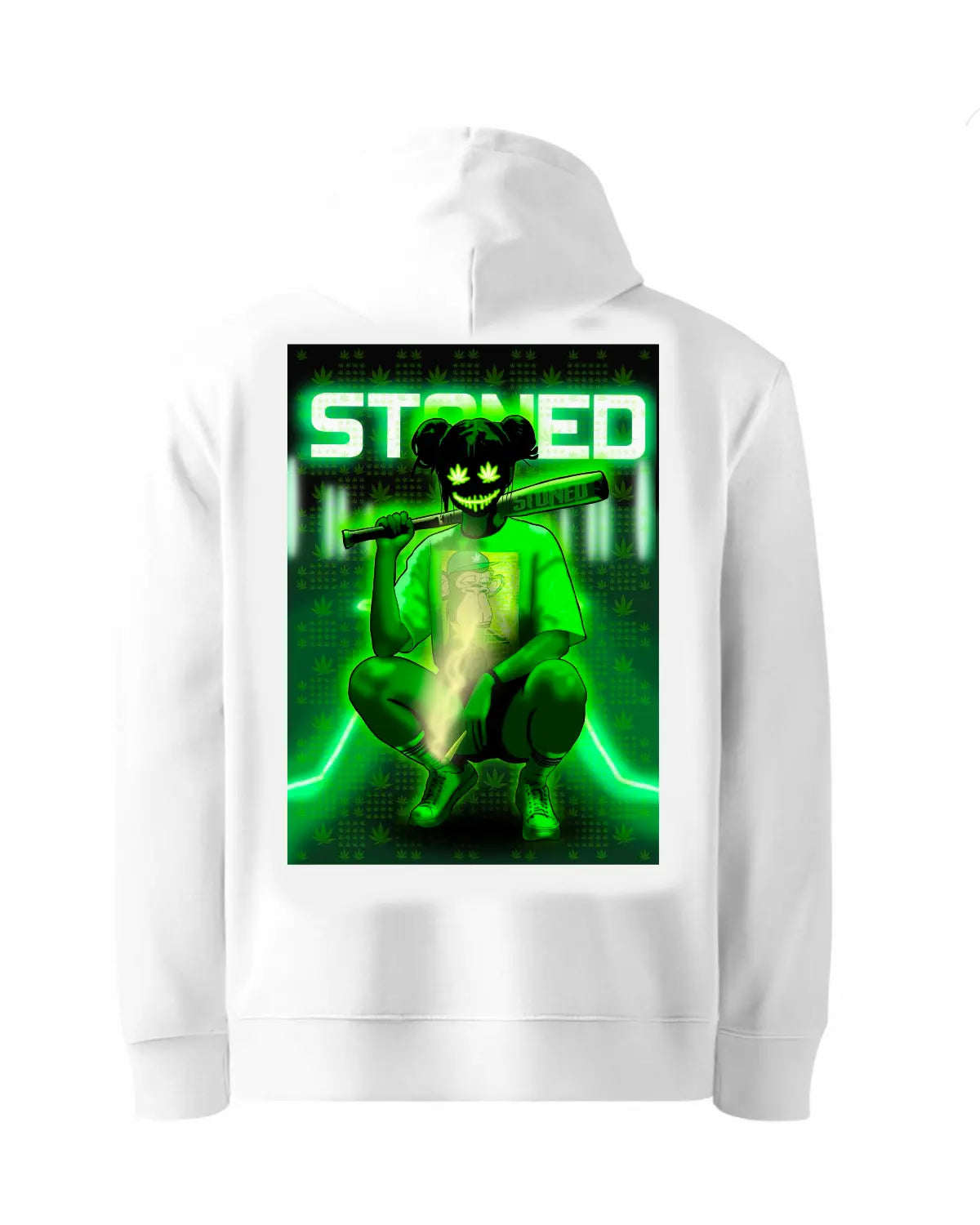 Stoned Woman with Leaf Mask Neon Hoodie – By GrizzlySlapz (Black or White)