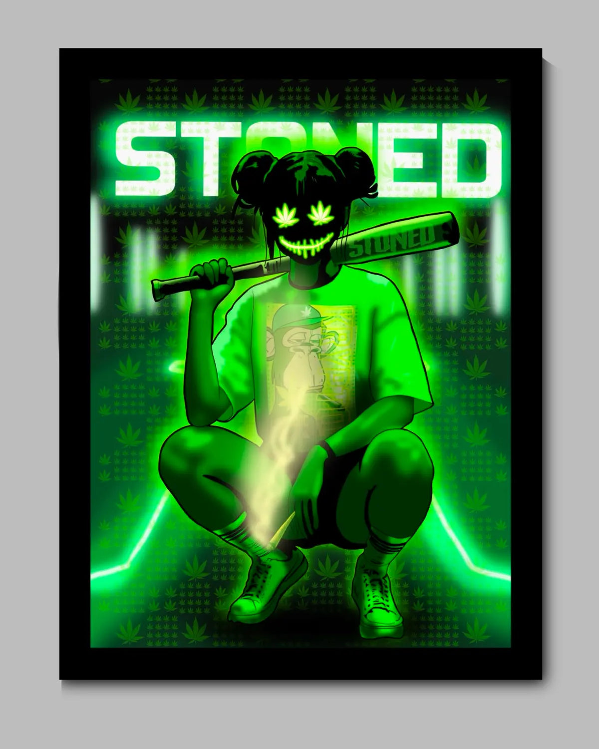 24″ x 36″ Framed Canvas – Stoned Woman with Leaf Mask by GrizzlySlapz