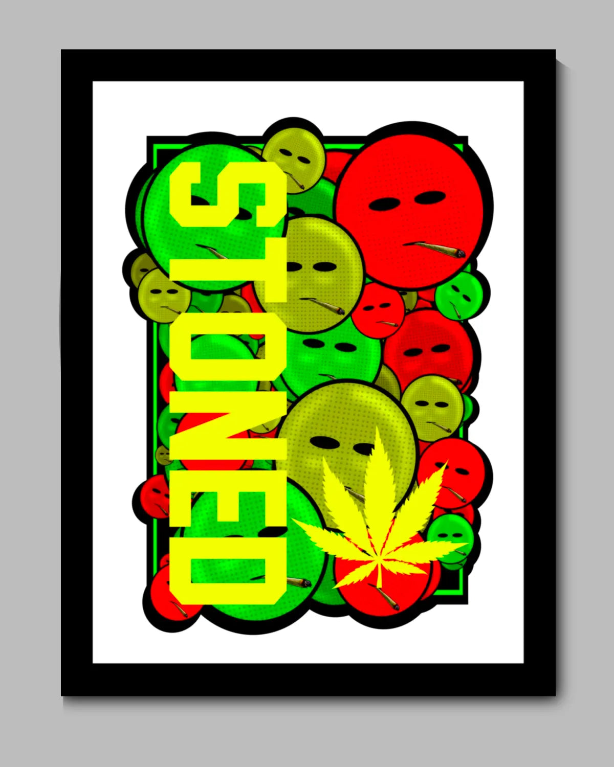 Stoned Smiley Faces – 24″×36″ Black Framed Canvas