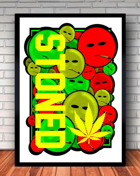 Stoned Smiley Faces – 24″×36″ Black Framed Canvas