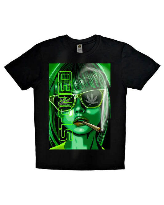 Stoned: Green-Haired Woman Smoking Spliff T-Shirt by GrizzlySlapz – Adult Unisex (Black or White)