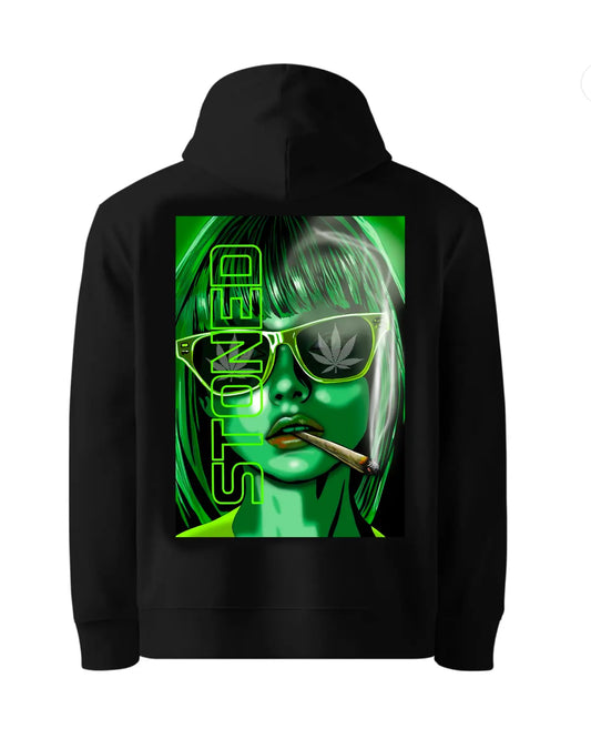 Stoned: Green-Haired Woman Smoking Spliff Hoodie by GrizzlySlapz – Adult Unisex (Black or White)