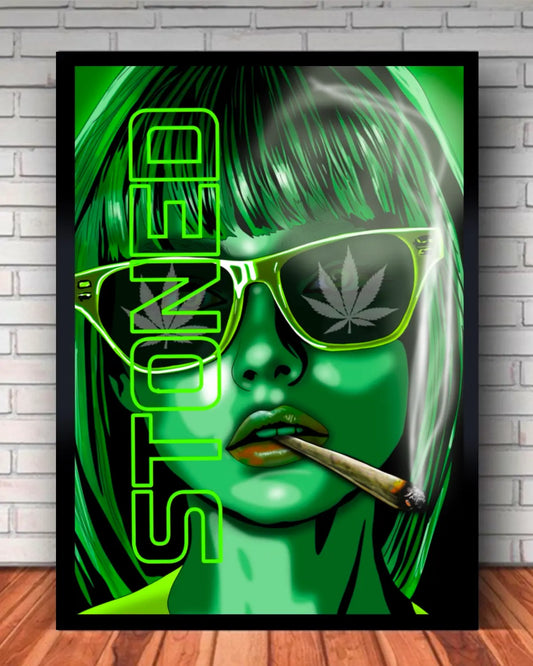 Stoned Green-Haired Woman Smoking Spliff – Framed Canvas Wall Art 24x36 by GrizzlySlapz