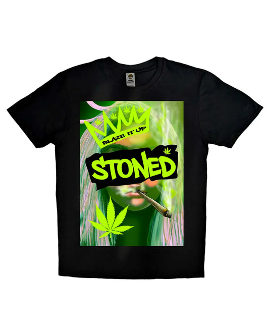 Stoned Woman Smoking Spliff – Neon Green Crown Weed Leaf Design T-Shirt by GrizzlySlapz (Black or White, Adult Unisex)