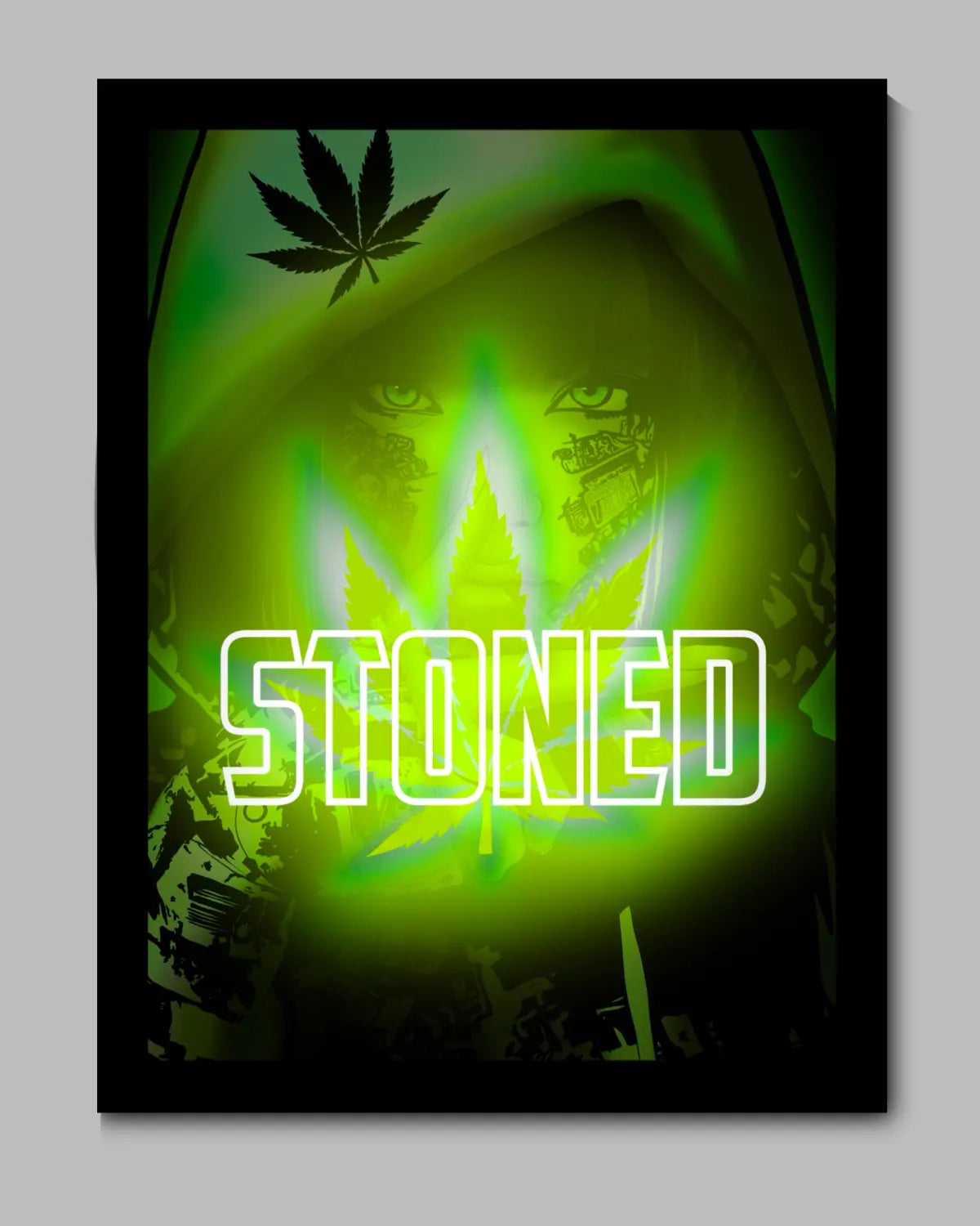 Large Framed Canvas (24x36) – Stoned Spliff-Smoking Woman Neon Weed Wall Art by GrizzlySlapz