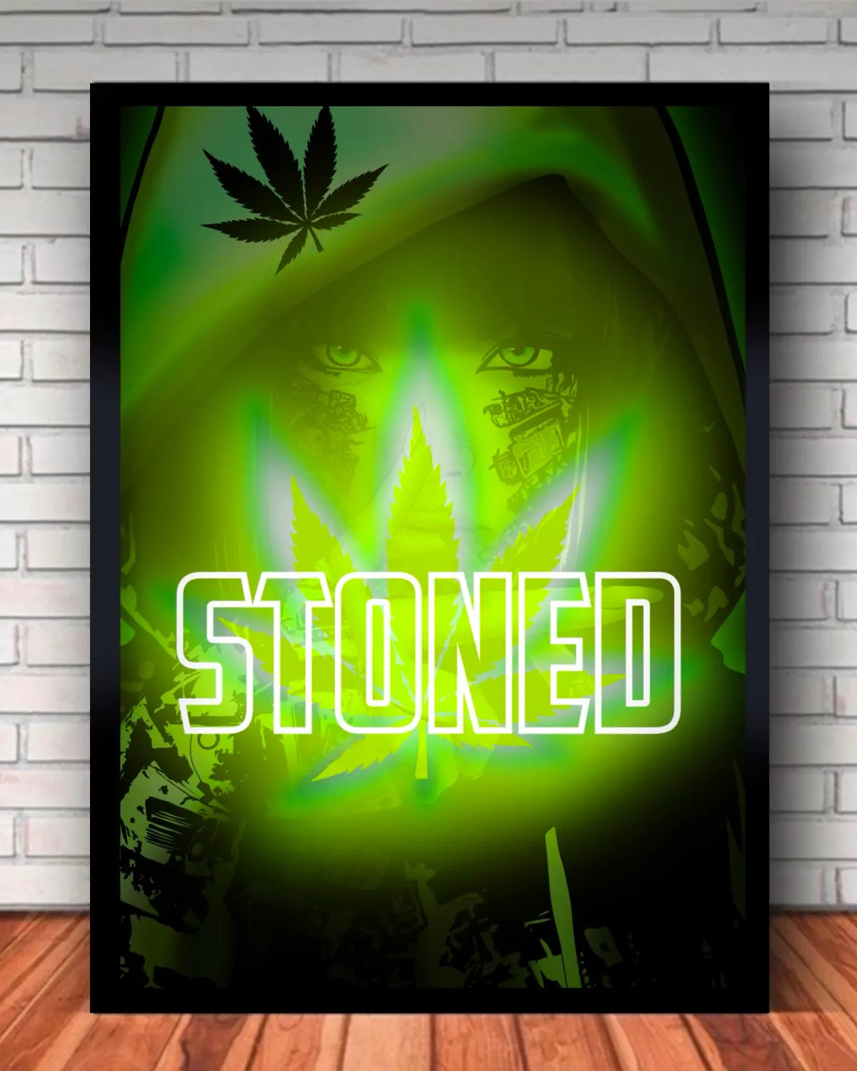 Large Framed Canvas (24x36) – Stoned Spliff-Smoking Woman Neon Weed Wall Art by GrizzlySlapz
