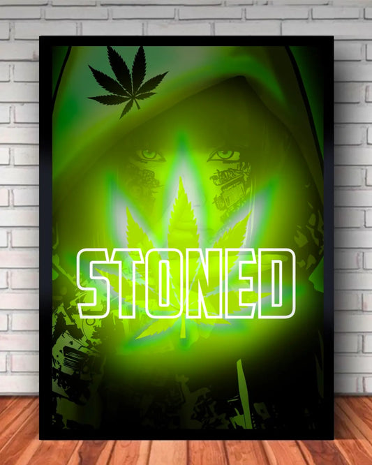Large Framed Canvas (24x36) – Stoned Spliff-Smoking Woman Neon Weed Wall Art by GrizzlySlapz