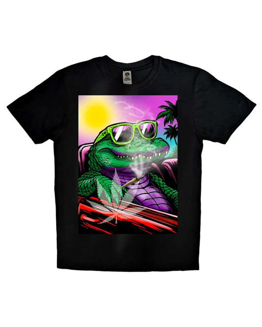 Blazed Crocodile Smoking & Driving – Weed Artwork T-Shirt by GrizzlySlapz