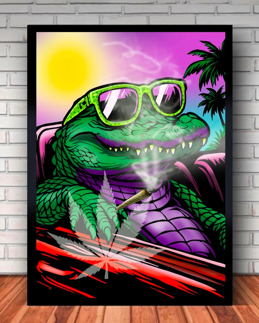 Large (24x36) Framed Canvas – Blazed Crocodile Smoking & Driving by GrizzlySlapz