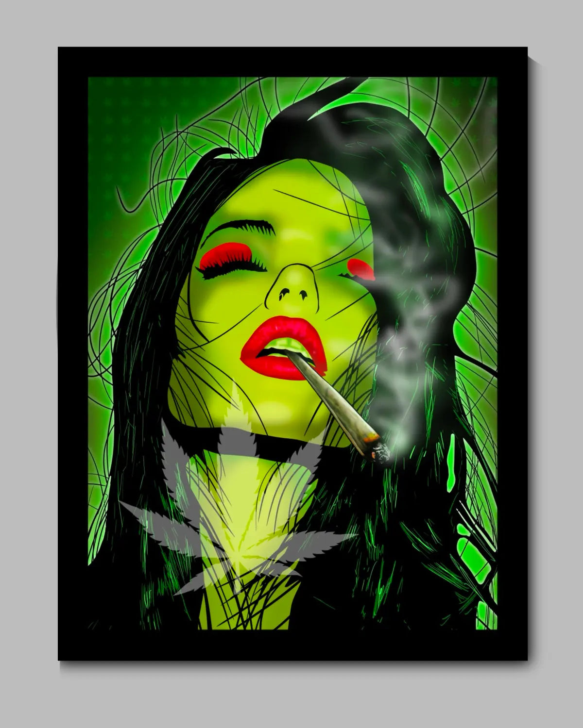 Large Black Framed Canvas (24x36”) – Stoner Girl Smoking a Spliff
