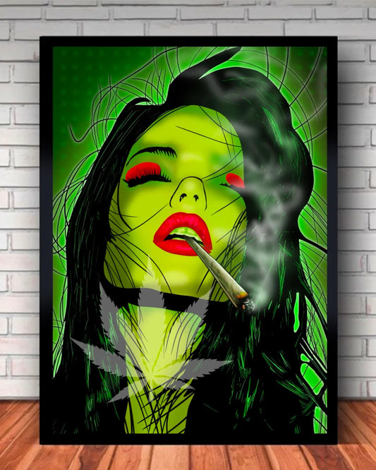 Large Black Framed Canvas (24x36”) – Stoner Girl Smoking a Spliff
