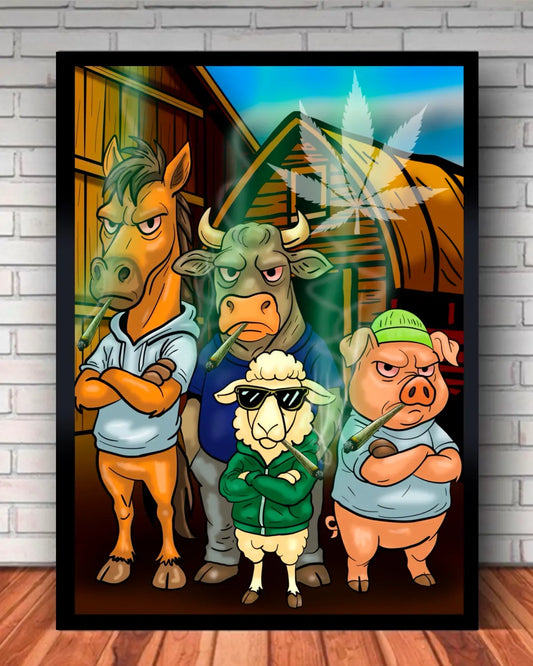 Barnyard Stoner Animals – Large Framed Canvas (24×36″)