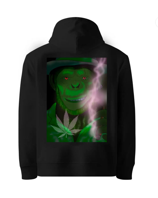 Stoned Chimp Smoking Weed Hoodie – Funny Cannabis Gorilla Design by GrizzlySlapz – Black or White Adults Unisex