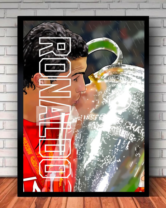 Cristiano Ronaldo Champions League 2008 Manchester United Winners Large Black Framed Canvas by GrizzlyGFX – 24x36 Inch