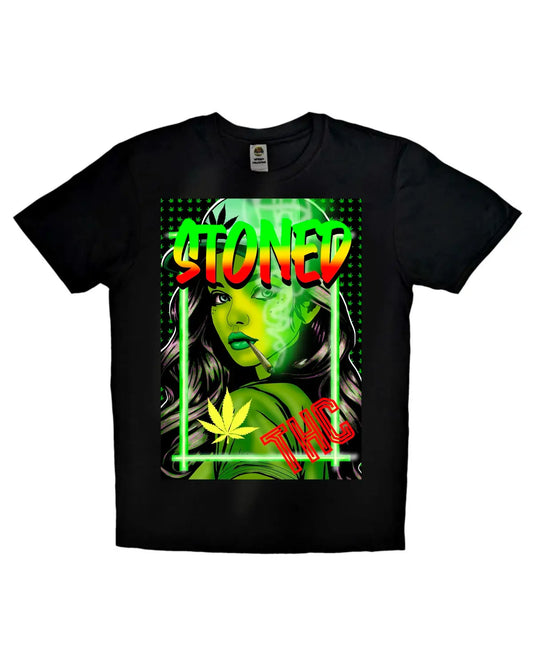 Stoned Girl Smoking Spliff Weed T-Shirt | Blazing Cannabis THC Tee by GrizzlySlapz | Black or White Adult Unisex