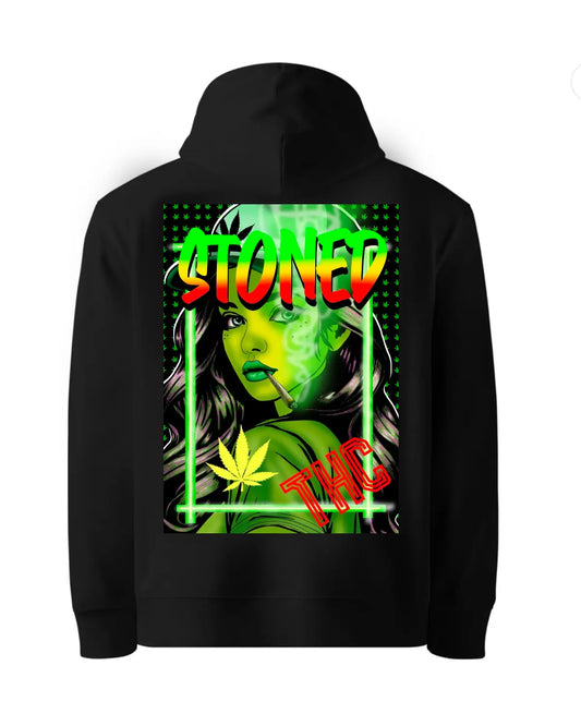 Stoned Girl Smoking Spliff Weed Hoodie | Blazing Cannabis THC Pullover by GrizzlySlapz | Black or White Adult Unisex