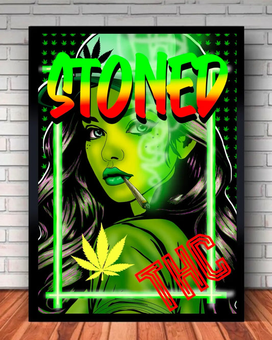 Stoned Girl Smoking Spliff Large Canvas | 24x36 Black Frame | Cannabis THC Wall Art by GrizzlySlapz