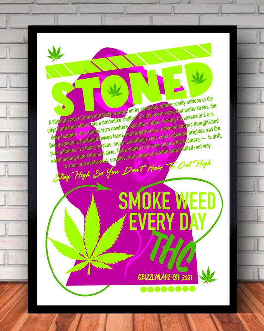 Stoned: Definition Weed Art Large Canvas | Cannabis Hoodie Middle Finger Artwork by GrizzlySlapz | 24x36 Black Frame