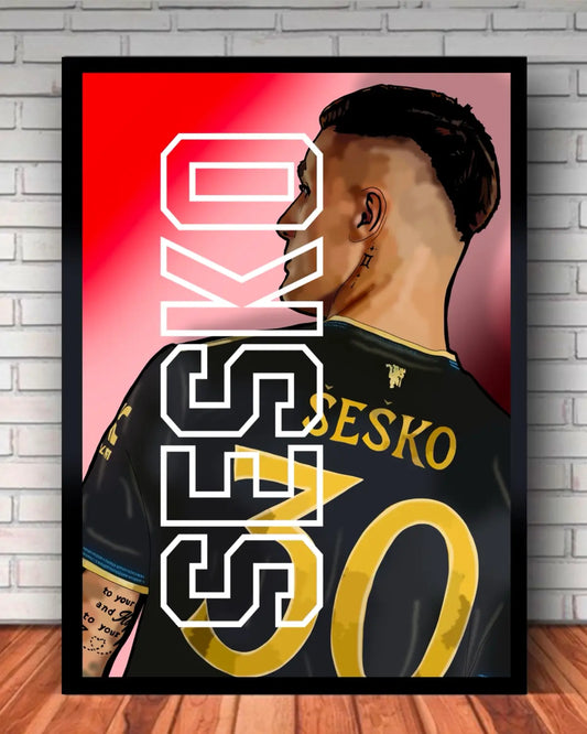 Benjamin Šeško Manchester United Canvas Wall Art | New Striker Football Artwork by GrizzlyGFX | Large 24x36 Black Frame