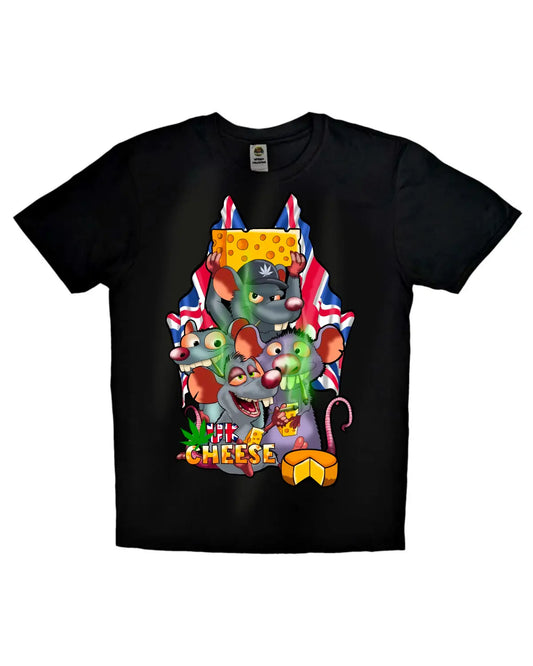 UK Cheese Weed Strain T-Shirt | 4 Rats Smoking Spliffs & Holding Cheese Blocks | Cannabis Artwork by GrizzlySlapz | Black or White Adults Unisex