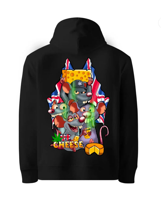 UK Cheese Weed Strain Hoodie | 4 Rats Smoking Spliffs & Holding Cheese Blocks | Cannabis Artwork by GrizzlySlapz | Black or White Adults Unisex