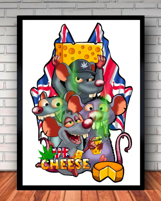UK Cheese Weed Strain Large Canvas Wall Art (24x36) | 4 Rats Smoking Spliffs & Cheese Design | GrizzlySlapz