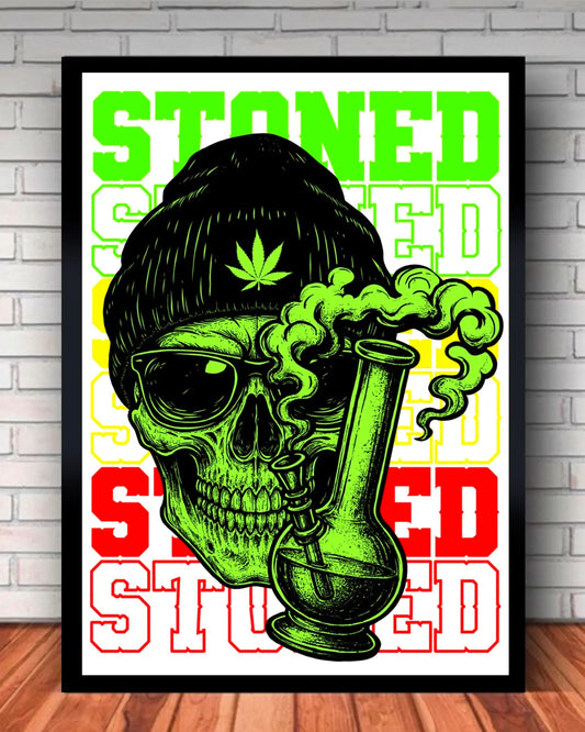 Stoned Skull & Bong Weed Design | Medium 16x20 Framed Canvas Wall Art by GrizzlySlapz