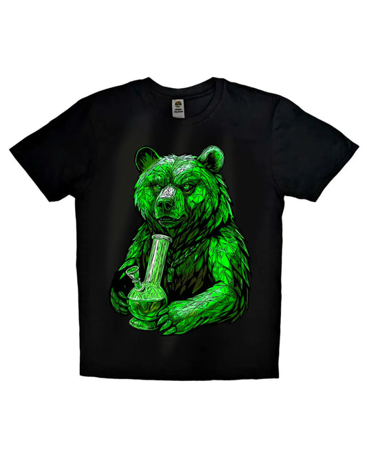 Emerald Grizzly Bear Bong T-Shirt – Ultra Detailed Weed Artwork by GrizzlySlapz | Black or White Unisex Adults