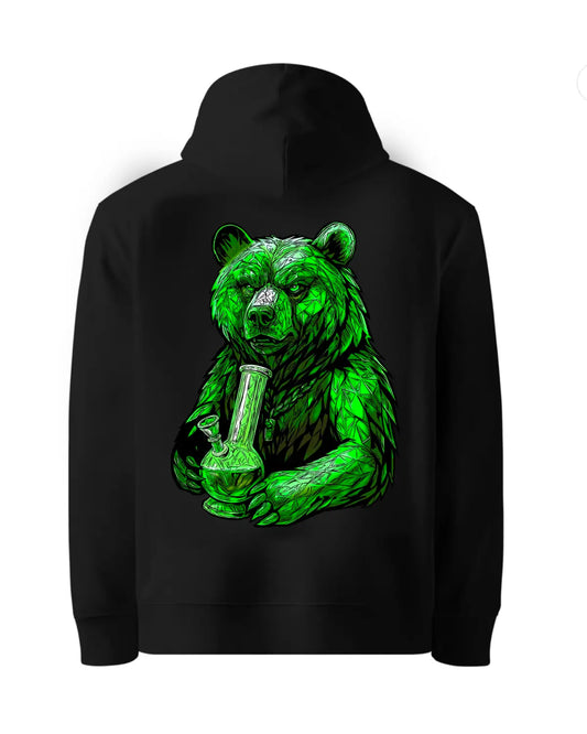 Emerald Grizzly Bear Bong Hoodie – Ultra Detailed Weed Artwork by GrizzlySlapz | Black or White Unisex Adults