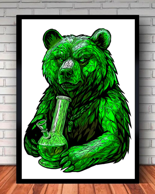 Emerald Grizzly Bear Bong Canvas – Large 24x36 Weed Artwork by GrizzlySlapz | Black Framed