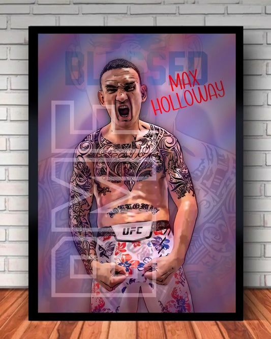 Max Holloway “Blessed” BMF UFC Canvas | Large 24x36 Black Frame | Hawaiian MMA Icon Wall Art by GrizzlyGFX