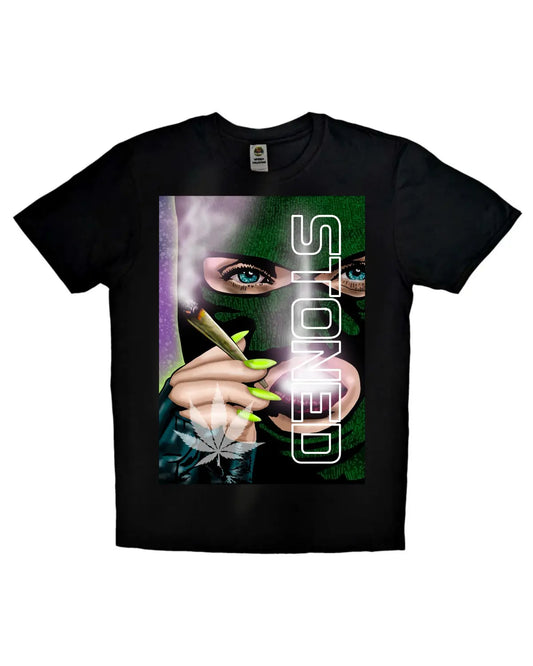 Stoned Woman in Balaclava Smoking Joint T-Shirt | Weed Art Design by GrizzlySlapz | Adult Unisex Black or White