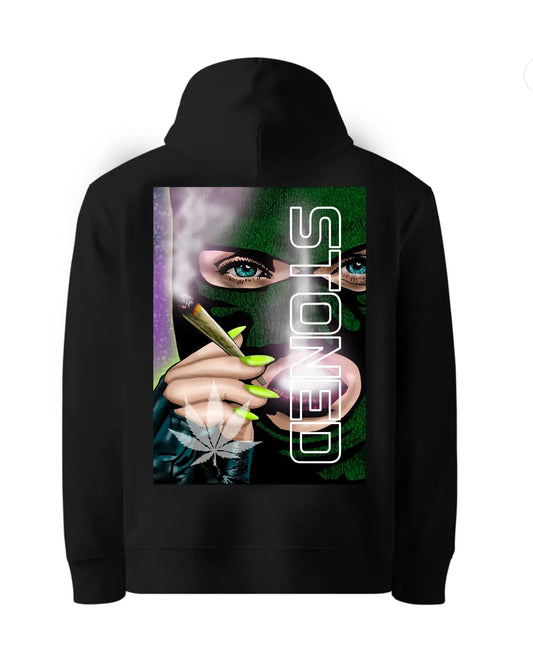 Stoned Woman in Balaclava Smoking Joint Hoodie | Weed Art by GrizzlySlapz | Adult Unisex Black or White