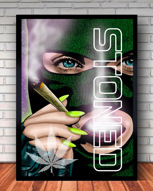 Stoned Woman in Balaclava Smoking Joint Weed Art | Large 24×36 Black Framed Canvas by GrizzlySlapz