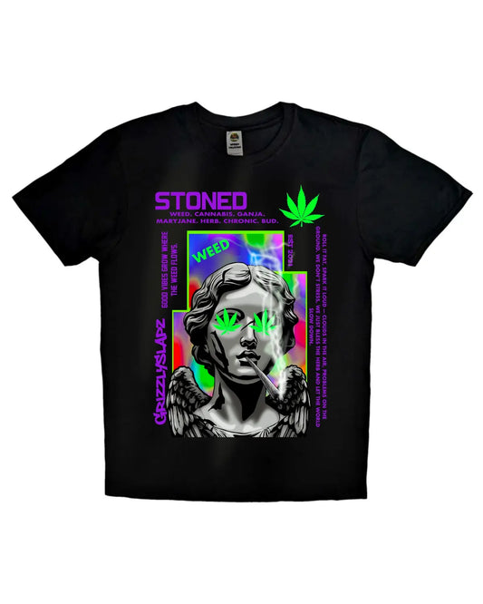Stoned Woman Statue Smoking Joint T-Shirt | GrizzlySlapz Weed Art Design | Black or White XS-XXL