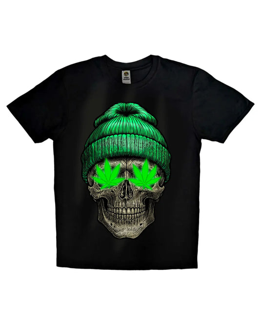 Skull with Weed Leafs Eyes T-Shirt by GrizzlySlapz | Stoner Art Cannabis Design | Black or White Adults Unisex XS-XXL
