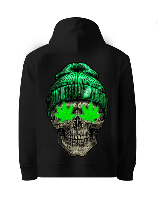 Skull with Weed Leafs Eyes Hoodie by GrizzlySlapz | Cannabis-Inspired Stoner Art Hoodie | Black or White Adults Unisex S-XXL