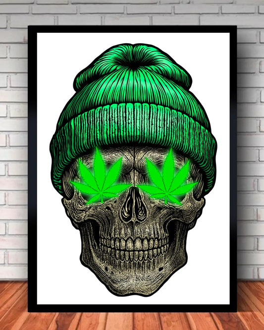 Skull with Weed Leafs Eyes Large Canvas (24x36) by GrizzlySlapz | Stoner Home Decor | Weed Art Masterpiece