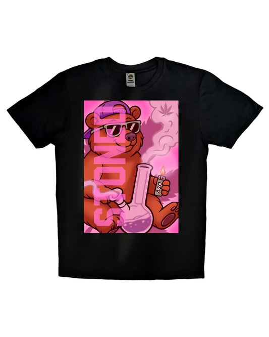 Stoned Grizzly Bear Smoking a Bong T-Shirt | Weed Design by GrizzlySlapz | Cannabis Streetwear for Adults (Black or White, Unisex)
