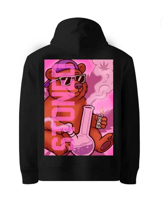 Stoned Grizzly Bear Smoking a Bong Hoodie | Weed Design by GrizzlySlapz | Cannabis Streetwear Pullover for Adults (Black or White, Unisex)