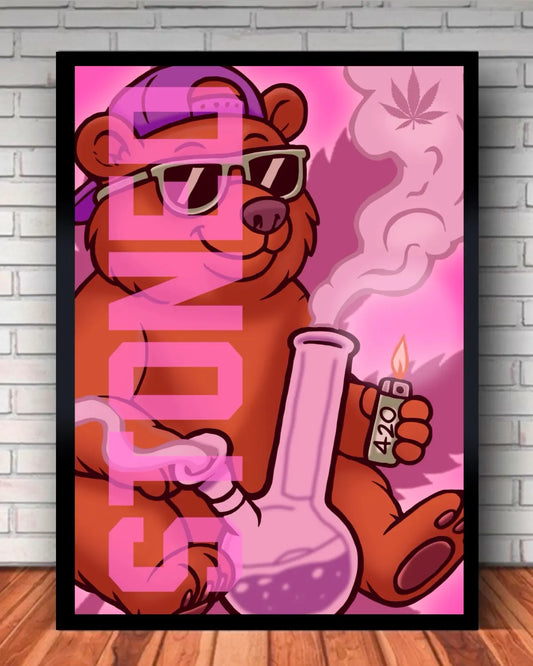Stoned Grizzly Bear Smoking a Bong Canvas (Large 24x36”) | GrizzlySlapz Weed Art | 420 Wall Masterpiece