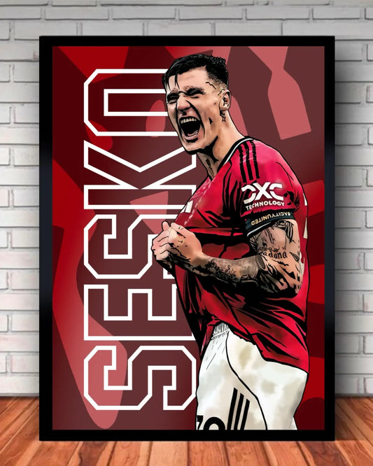 Benjamin Šeško Manchester United Medium Framed Canvas | GrizzlyGFX Football Artwork 16x20” | Premier League Rising Star