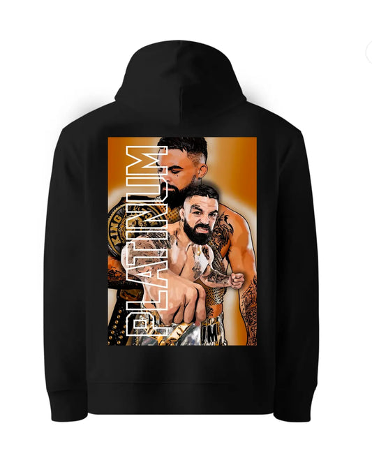 Black hoodie with a graphic design on the back featuring a person with tattoos and text.
