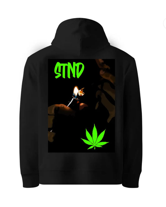 Black hoodie with a graphic design on the back featuring green text and a cannabis leaf.