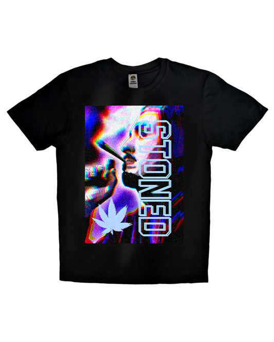STONED – 3D Eye Illusion Hooded Man Smoking Design T-Shirt | GrizzlySlapz