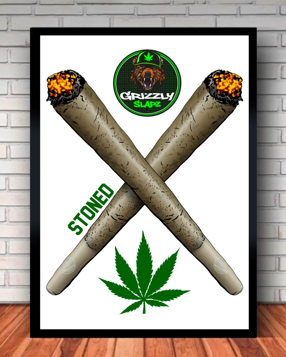 Spliff Cross & Stoned Logo Weed Artwork – 16x20” Black Framed Canvas | GrizzlySlapz