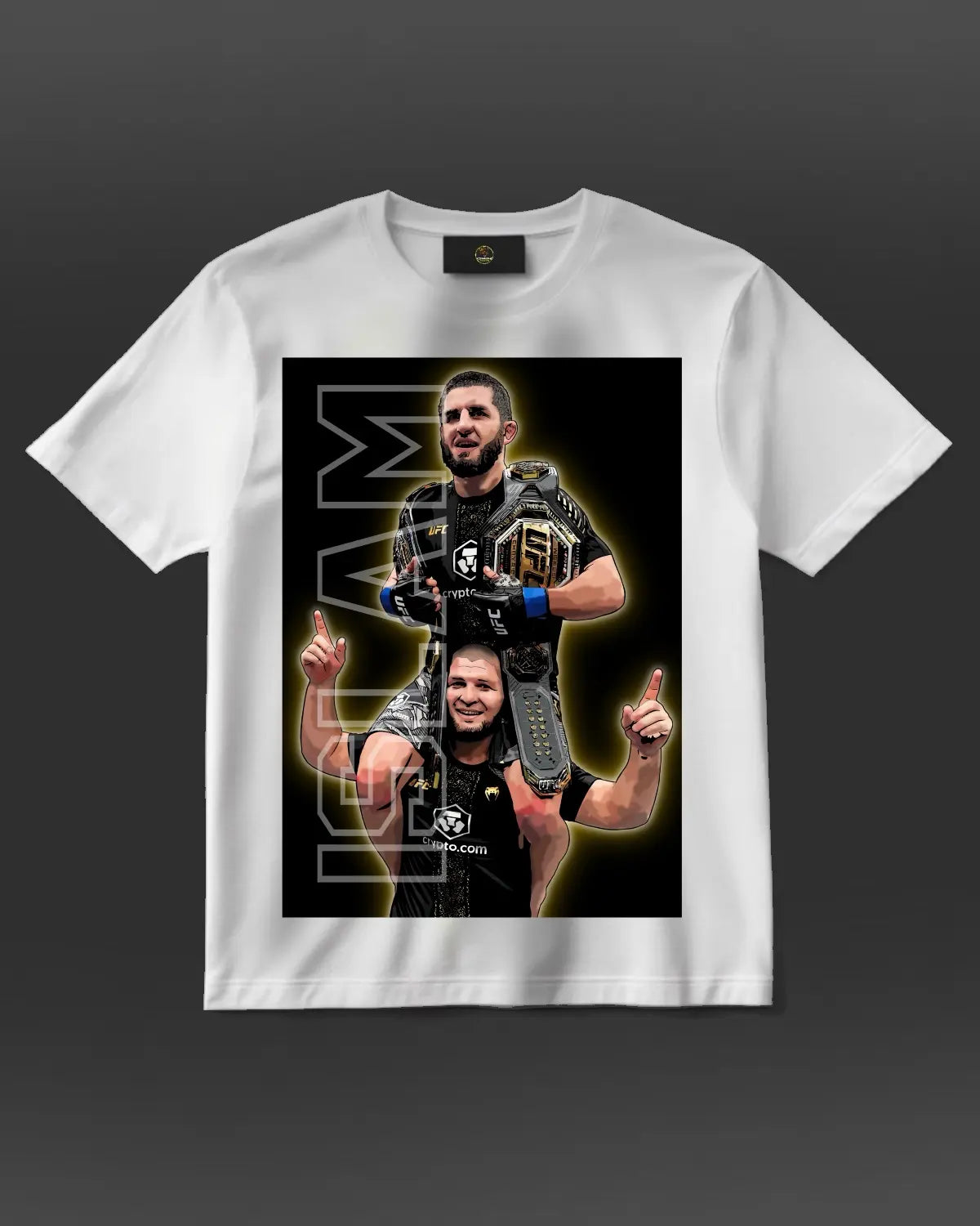 Islam Makhachev Double Champ T-Shirt – UFC 322 Madison Square Garden Victory Tribute | Two-Division Champion Tee by GrizzlyGFX (Black or White, Unisex)